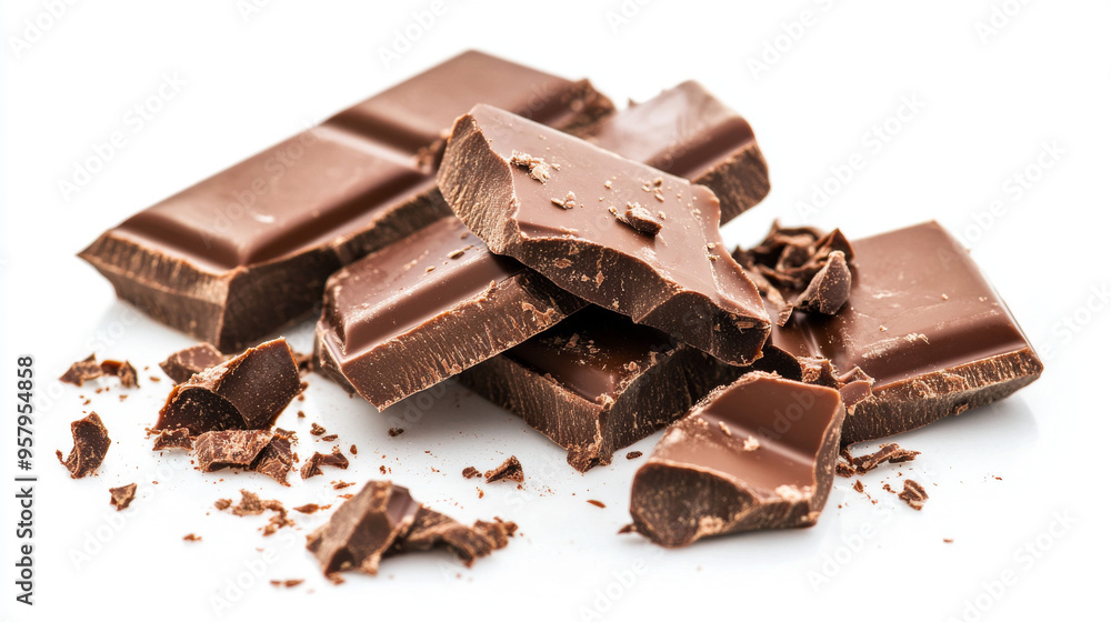 Broken pieces of a chocolate bar falling against a white background, capturing the rich, textured details and the dynamic movement of the scattered chocolate Broken pieces of a chocolate bar falling against a white background, capturing the rich, textured details and the dynamic movement of the scattered chocolate