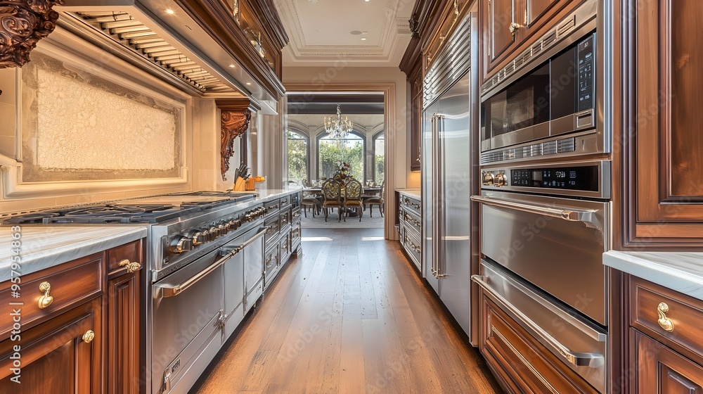 Fototapeta premium Sleek and Sophisticated Luxury Kitchen with High-End Stainless Steel Appliances and Custom Cabinetry