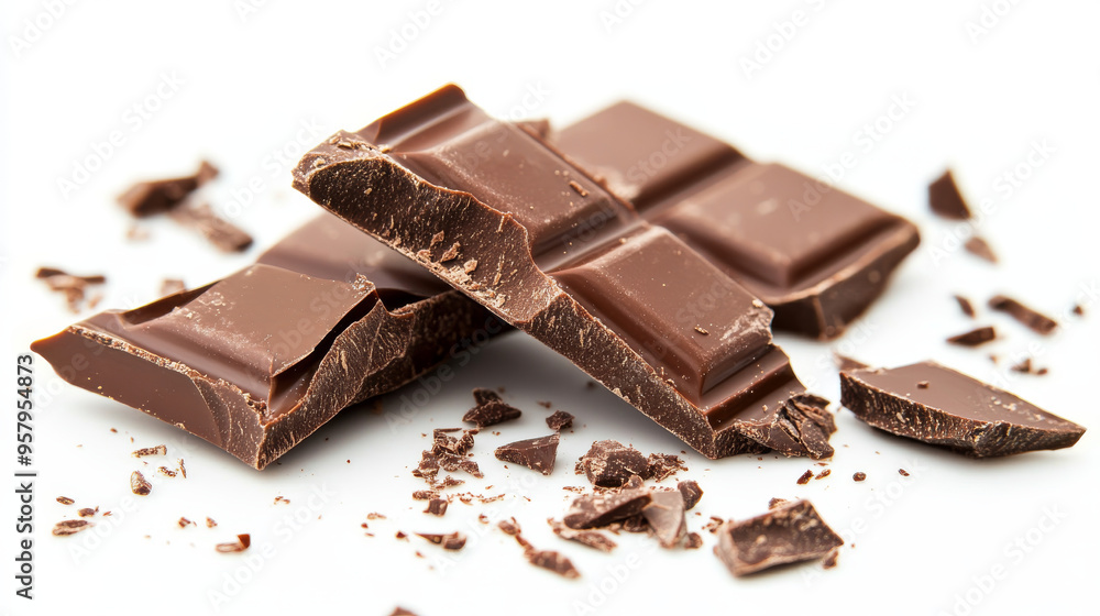 Broken pieces of a chocolate bar falling against a white background, capturing the rich, textured details and the dynamic movement of the scattered chocolate Broken pieces of a chocolate bar falling against a white background, capturing the rich, textured details and the dynamic movement of the scattered chocolate