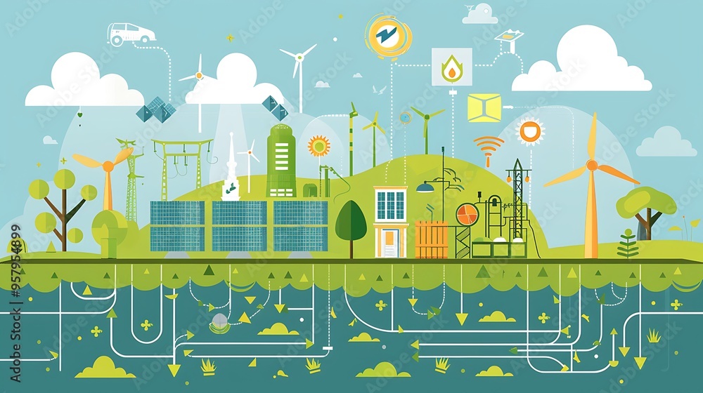 Illustration of the latest form of energy with solar panels wind turbines electric cars for the Concept of Innovation of Sustainable environmentally friendly future Energy Sources. Illustration of the latest form of energy with solar panels wind turbines electric cars for the Concept of Innovation of Sustainable environmentally friendly future Energy Sources.