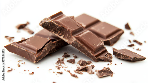 Broken pieces of a chocolate bar falling against a white background, capturing the rich, textured details and the dynamic movement of the scattered chocolate