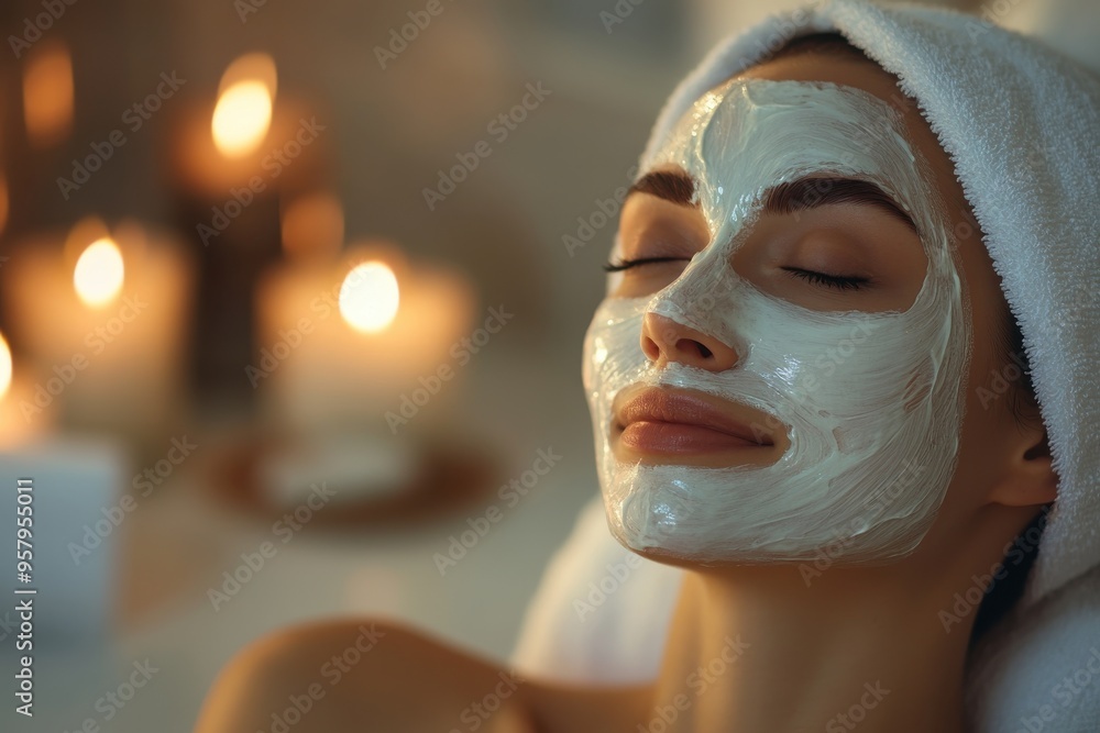 A peaceful spa scene where a woman is enjoying a rejuvenating facial mask treatment. A peaceful spa scene where a woman is enjoying a rejuvenating facial mask treatment.