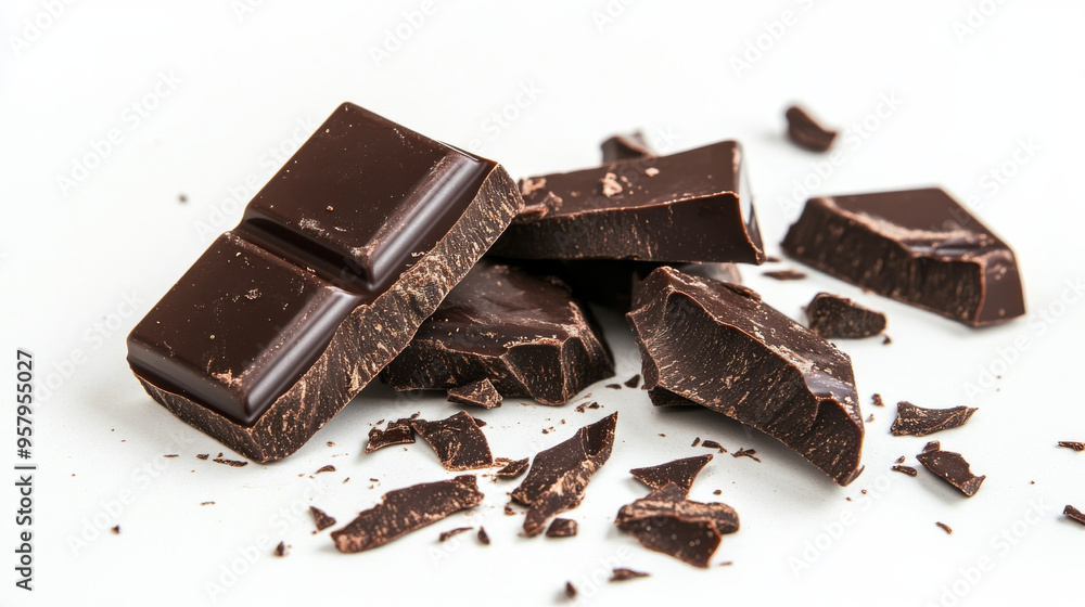 Broken pieces of a chocolate bar falling against a white background, capturing the rich, textured details and the dynamic movement of the scattered chocolate Broken pieces of a chocolate bar falling against a white background, capturing the rich, textured details and the dynamic movement of the scattered chocolate