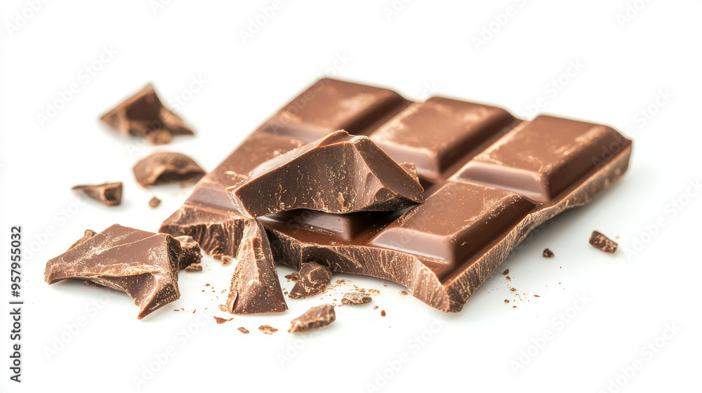 Broken pieces of a chocolate bar falling against a white background, capturing the rich, textured details and the dynamic movement of the scattered chocolate Broken pieces of a chocolate bar falling against a white background, capturing the rich, textured details and the dynamic movement of the scattered chocolate
