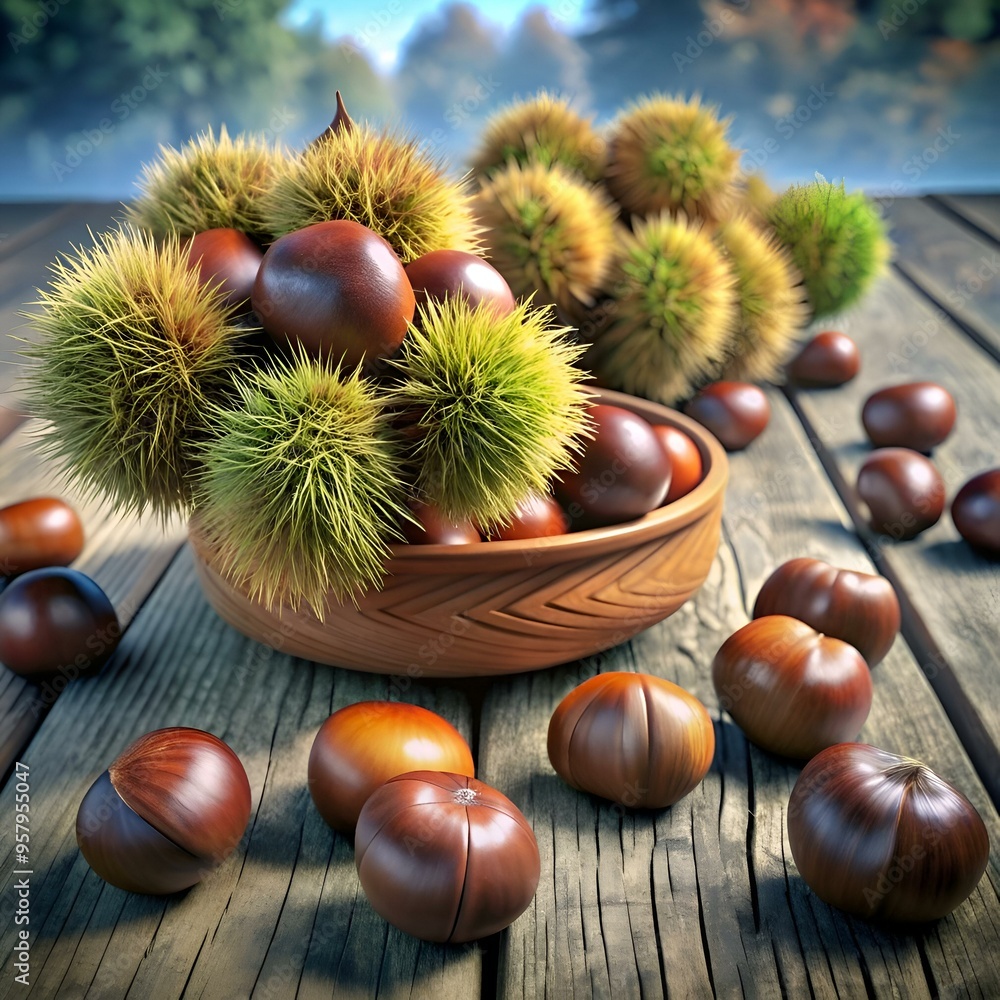 A 3D illustration of a bowl overflowing with fresh. vibrant Chinese chestnuts. A 3D illustration of a bowl overflowing with fresh. vibrant Chinese chestnuts.