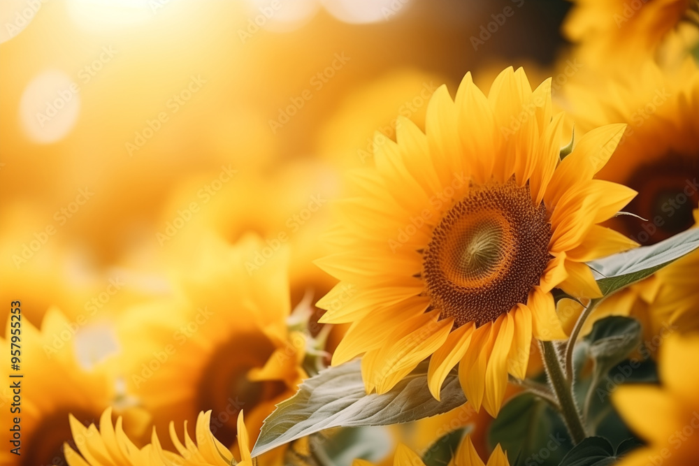 Fototapeta premium Close up of sunflower in a field of sunflowers. Defocused background with copy space.