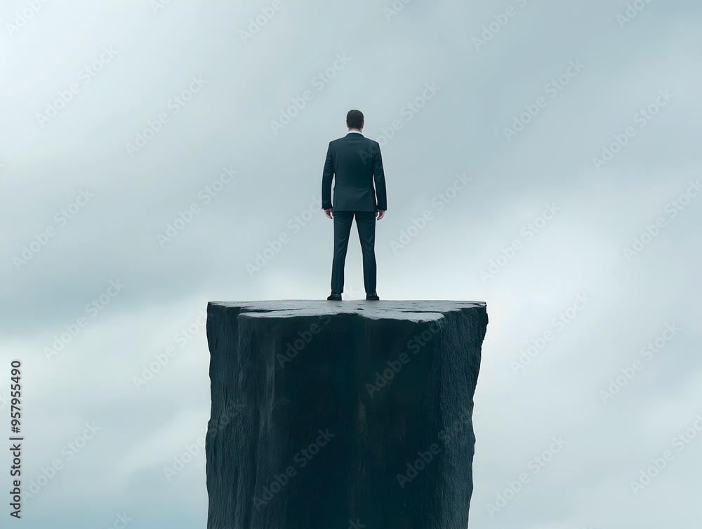 Businessman Standing on Cliff Edge Facing Sky Businessman Standing on Cliff Edge Facing Sky