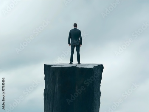 Businessman Standing on Cliff Edge Facing Sky