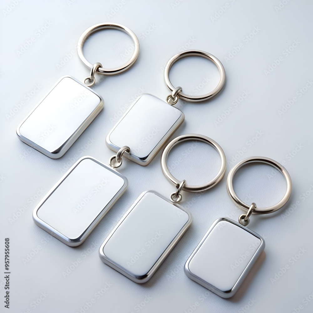 Five blank metal keychains with a silver finish and rectangular tags. perfect for branding or personalized gifts. Five blank metal keychains with a silver finish and rectangular tags. perfect for branding or personalized gifts.