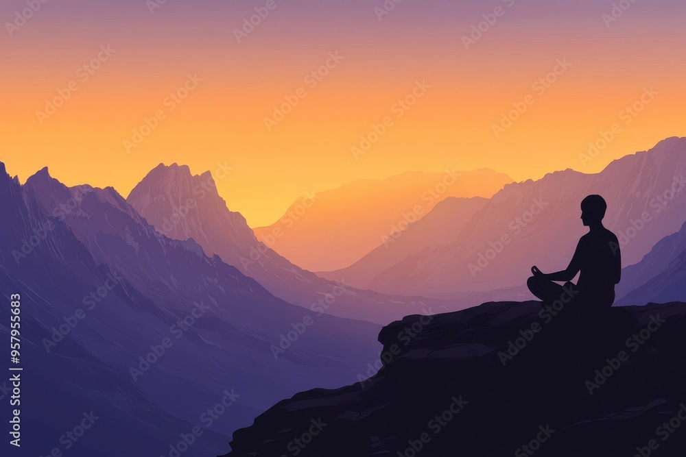Obraz premium A person sitting cross-legged on a rock meditating at sunrise or sunset The silhouette of the person