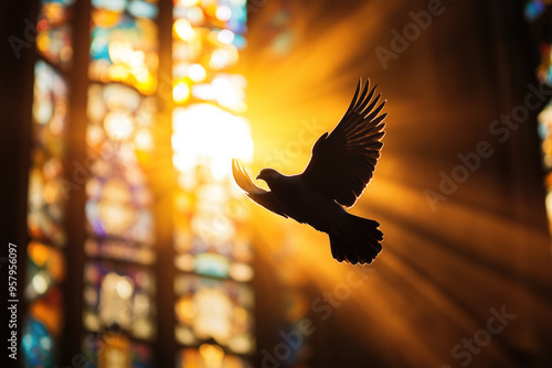 Sunlit stained glass church featuring a white dove