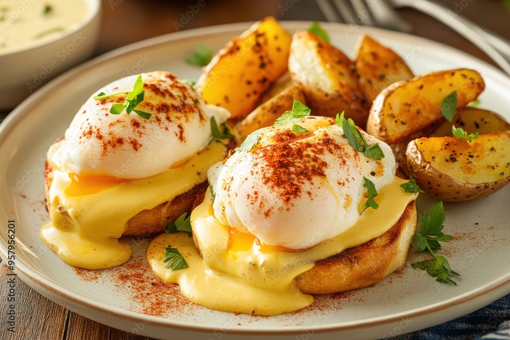 A plate featuring two eggs benedict, perfectly poached eggs on English muffins, A plate featuring two eggs benedict, perfectly poached eggs on English muffins,