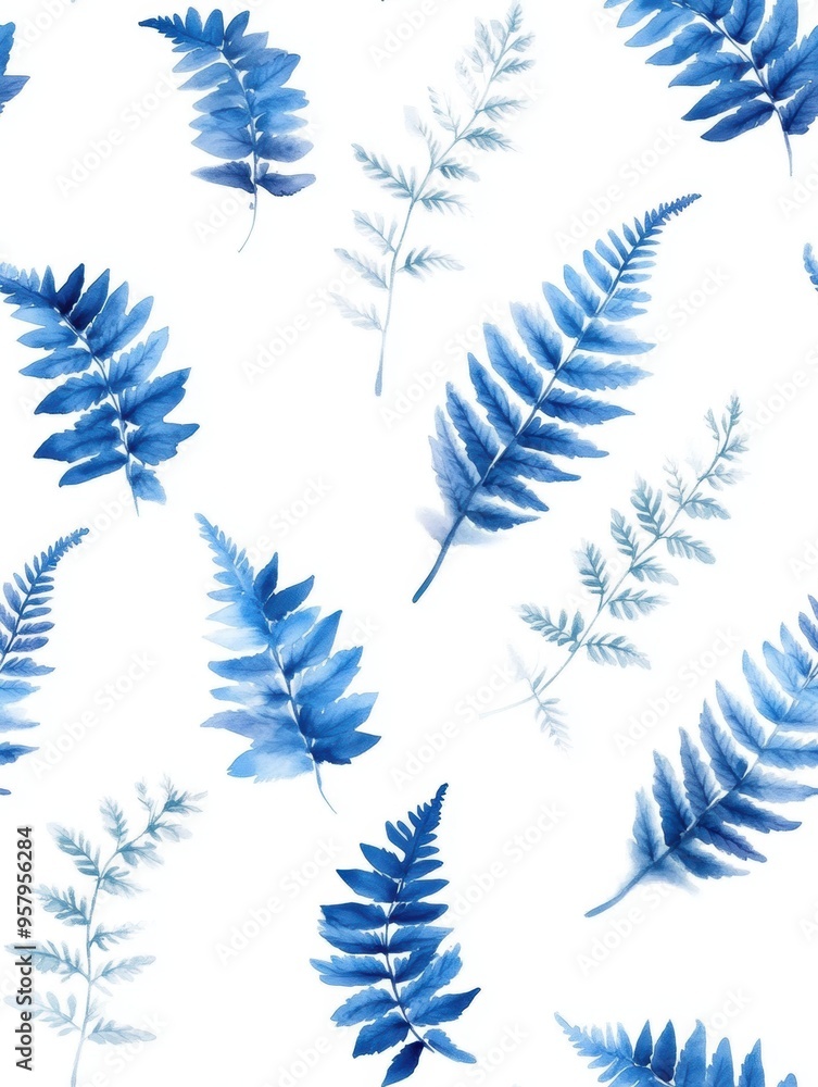 Blue boho fern leaves in a natural pattern, rendered in watercolor style, create a seamless design against a white background. Blue boho fern leaves in a natural pattern, rendered in watercolor style, create a seamless design against a white background.