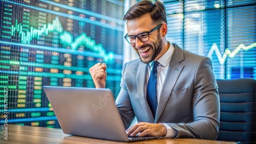 Business man happy to learn stock market 