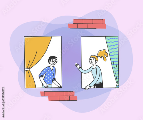 Open windows with man and woman inside apartments. Exterior of building with neighbors or friends talking. Vector illustration for block of flats, condo, community concept