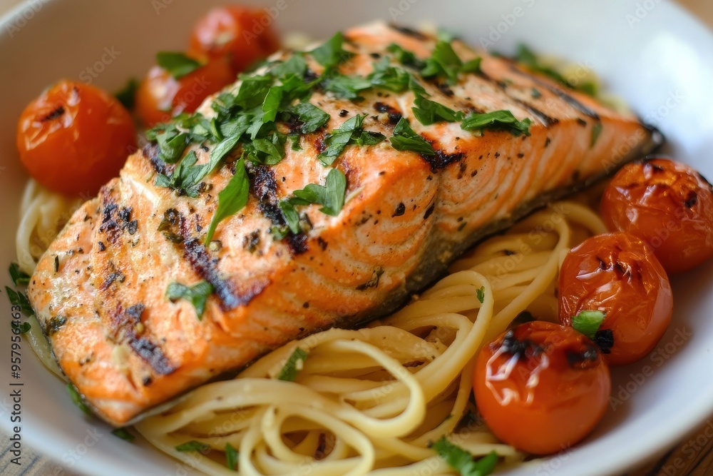 A plate of grilled salmon served on a bed of linguine pasta, garnished with fresh parsley A plate of grilled salmon served on a bed of linguine pasta, garnished with fresh parsley