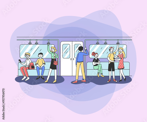 People using subway flat vector illustration. Men and women in public transport. City dwellers in metro, tube or underground train. Public transportation and rapid travelling concept.