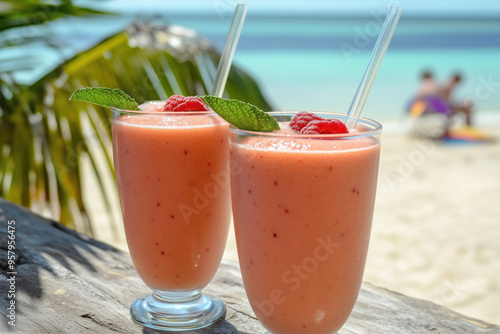 Melon-raspberry smoothies with palm leaf background