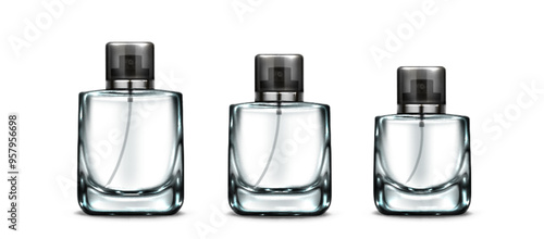 3d fragrance glass bottle. Cosmetic container mockup. Empty realistic flask with cap design set. Perfume or cologne cylinder sample for marketing. Round luxury and clear parfum gift collection