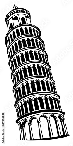 leaning tower of pisa black and white vector silhouette design set - italian landmark monochrome outline