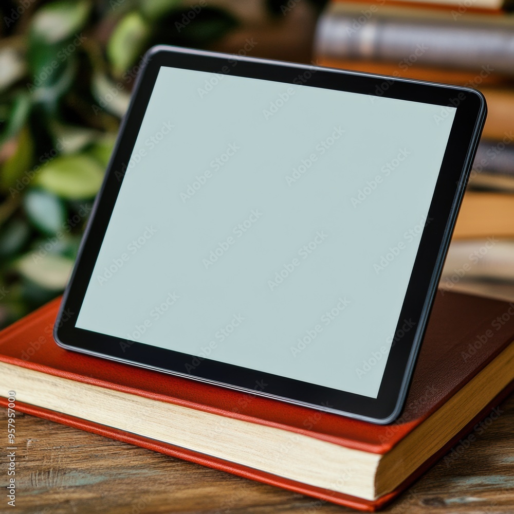 Tablet Device on Books with Nature Elements in Modern Workspace Tablet Device on Books with Nature Elements in Modern Workspace