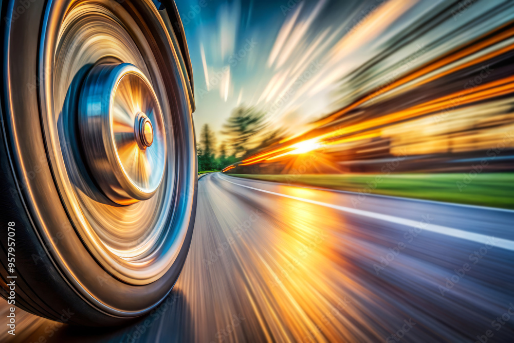 Motion Blur Of A Car Wheel On A Road At Sunset Motion Blur Of A Car Wheel On A Road At Sunset