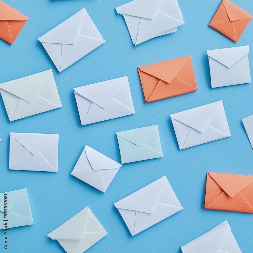 Envelopes and Letters on Blue Background with Postal Concept Envelopes and Letters on Blue Background with Postal Concept