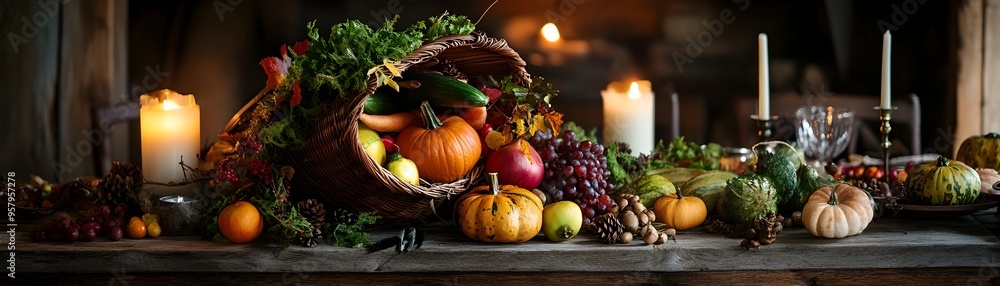 Rustic Thanksgiving Table Adorned with Bountiful Harvest Vegetables and Warm Candlelight Rustic Thanksgiving Table Adorned with Bountiful Harvest Vegetables and Warm Candlelight