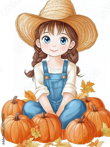 Cute cartoon illustration of a young girl with demin overalls and a straw hat surrounded by fall harvest of pumpkins. photo