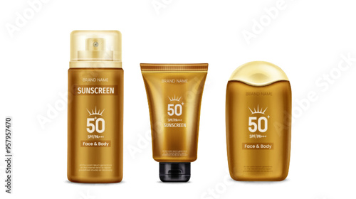 Sunscreen cream bottle and tube isolated vector. 3d sun block lotion design with 50 spf. Plastic spray container template for skincare and protection in realistic layout. Face care uv label