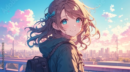 自然な表情のアニメ風女の子イラスト,Generative AI AI画像