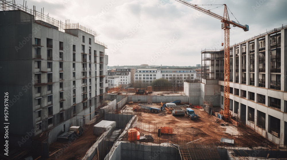 Naklejka premium Portrt of male builder in hard hat, working at construction site.