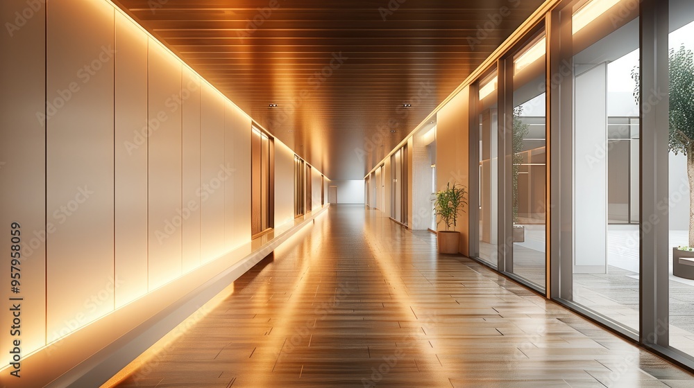 Fototapeta premium Long corridor, office area hallway, soft lighting, natural wood, warm light strip. Generative AI.