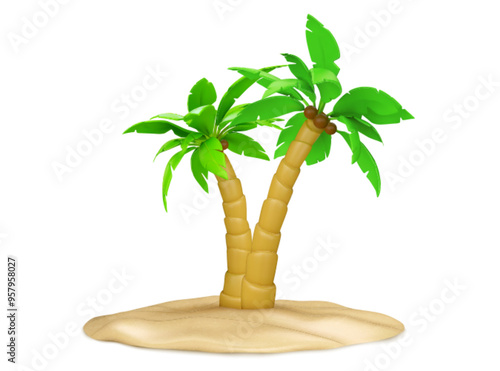 3d palm tree on summer beach island icon vector. Jungle weekend vacation trip design. Hawaii nature element with sand, leaf, coconut and exotic plant. Plasticine style summertime minimal clipart