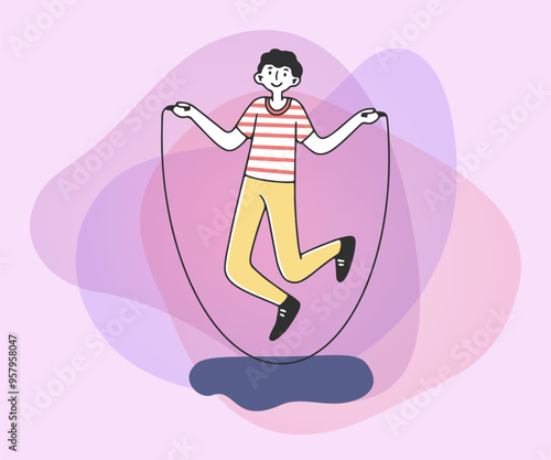 Young man skipping flat vector illustration. Training in gym or outdoors. Male cartoon character performing body activity for health. Sport and healthy lifestyle concept.
