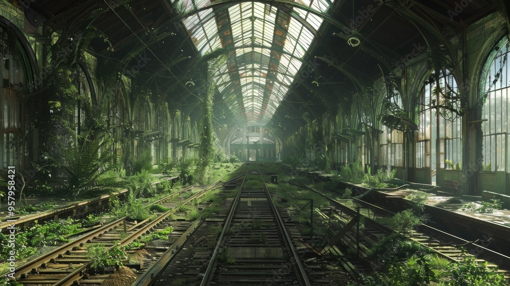 Overgrown and Decaying Greenhouse in Abandoned Interior Overgrown and Decaying Greenhouse in Abandoned Interior