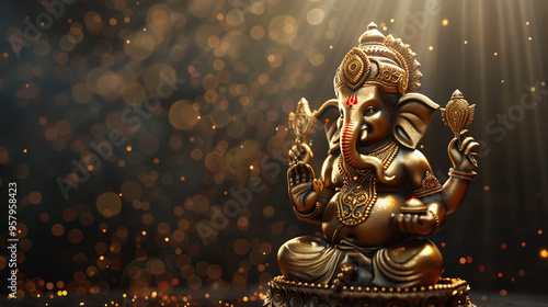 Light rays falling on golden statue of Lord Ganesha with bokeh background - ai generative