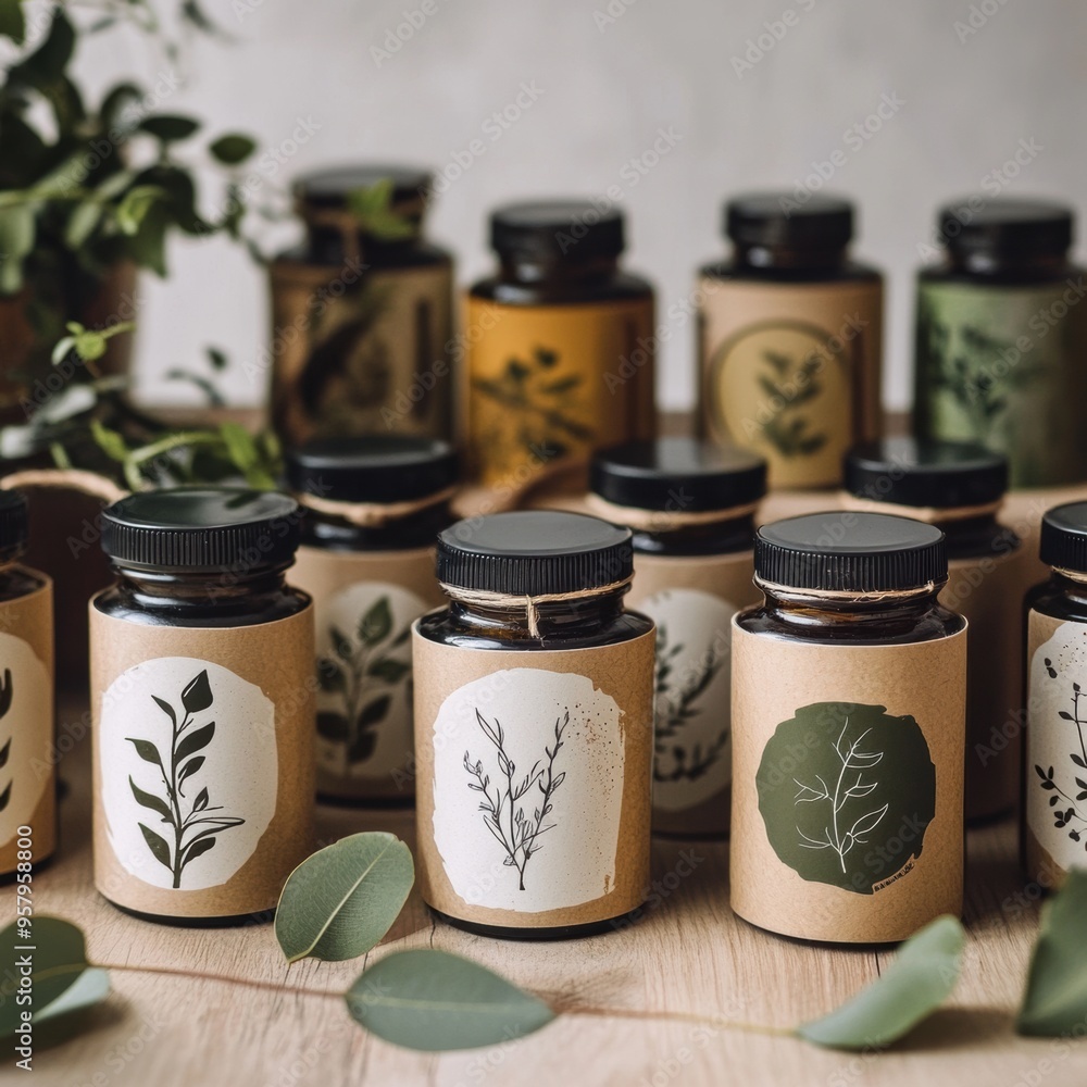 Assorted Herb and Spice Jars Arranged on Rustic Wooden Table Assorted Herb and Spice Jars Arranged on Rustic Wooden Table
