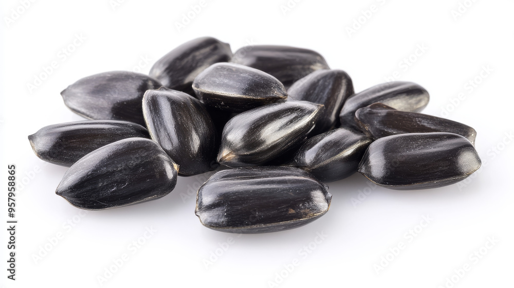 A close-up view of delicious sunflower black seeds, isolated on a clean white background, showcasing their rich texture and glossy finish A close-up view of delicious sunflower black seeds, isolated on a clean white background, showcasing their rich texture and glossy finish