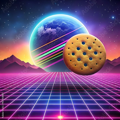 A retro 80s inspired illustration featuring a round cookie floating in a neon lit grid landscape. photo