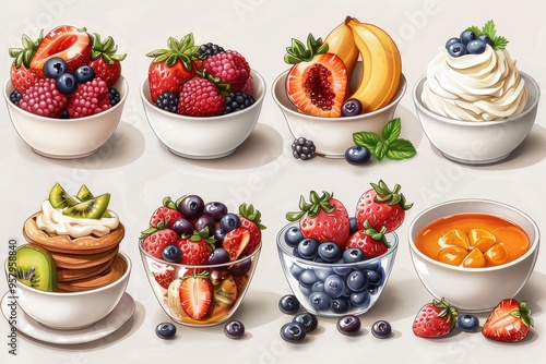 The set of illustrations of fruits for breakfasts