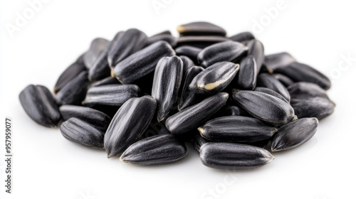 A close-up view of delicious sunflower black seeds, isolated on a clean white background, showcasing their rich texture and glossy finish photo