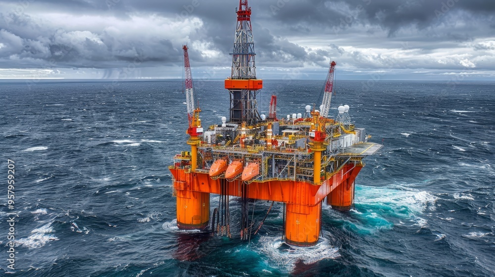 Offshore oil platform engaged in drilling operations for natural gas and petroleum extraction Offshore oil platform engaged in drilling operations for natural gas and petroleum extraction