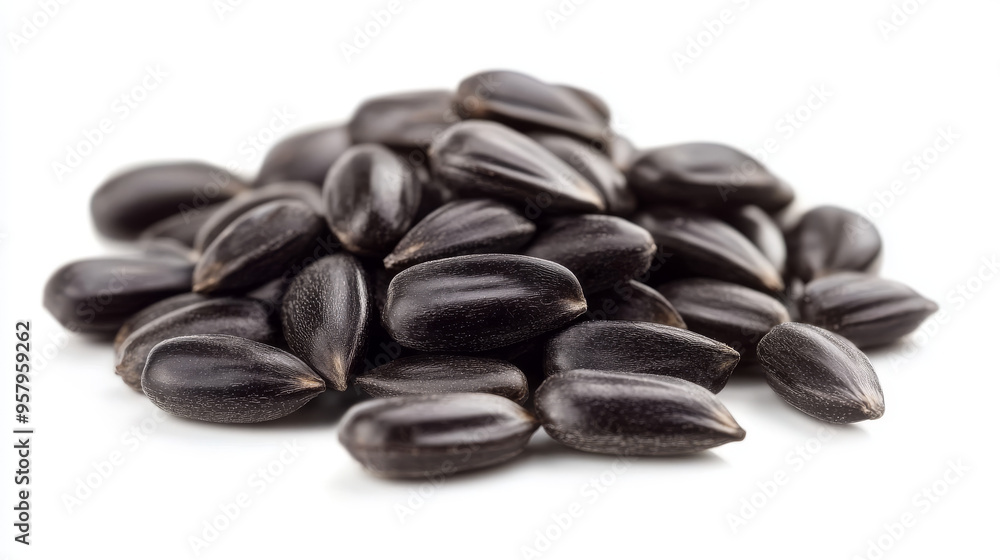 A close-up view of delicious sunflower black seeds, isolated on a clean white background, showcasing their rich texture and glossy finish A close-up view of delicious sunflower black seeds, isolated on a clean white background, showcasing their rich texture and glossy finish