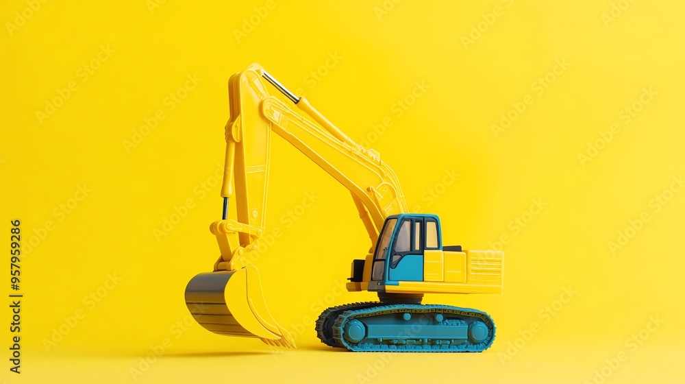 Yellow Excavator with Blue Cab on a Yellow Background Yellow Excavator with Blue Cab on a Yellow Background