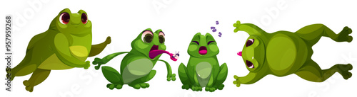 Cute toad frog character jump cartoon illustration. Green funny amphibian mascot catch bug with tongue. Childish comic element collection with hungry pose to snatch food. Sleeping animal baby clipart
