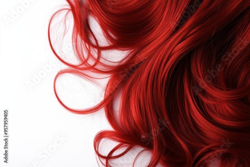 A red hair wig with loose, soft curls, isolated against a white background.