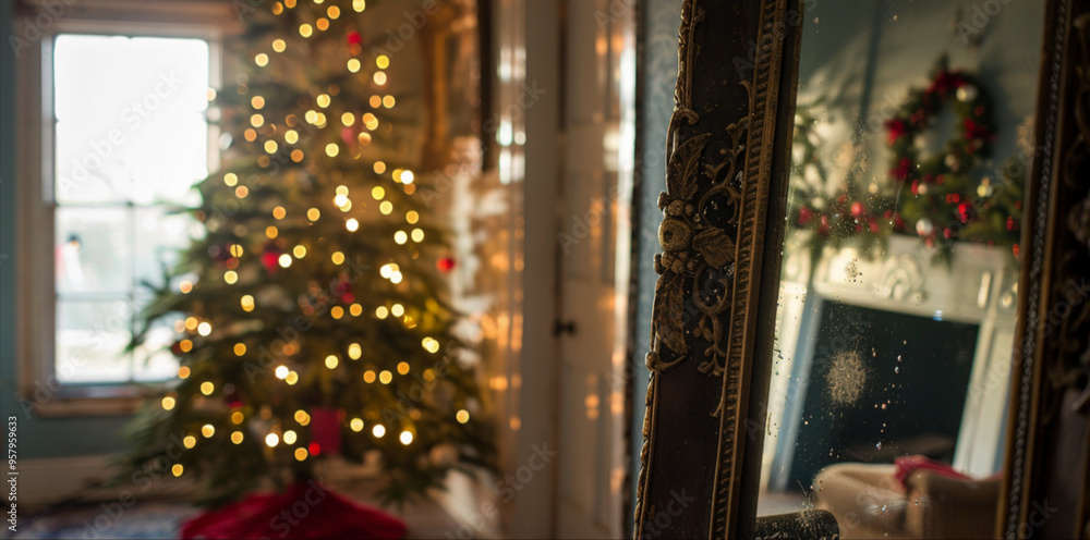 a photograph of a full length mirror in a home during christmas a photograph of a full length mirror in a home during christmas