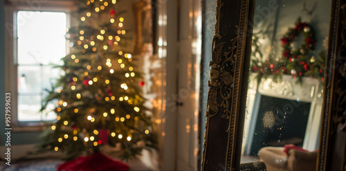 a photograph of a full length mirror in a home during christmas 