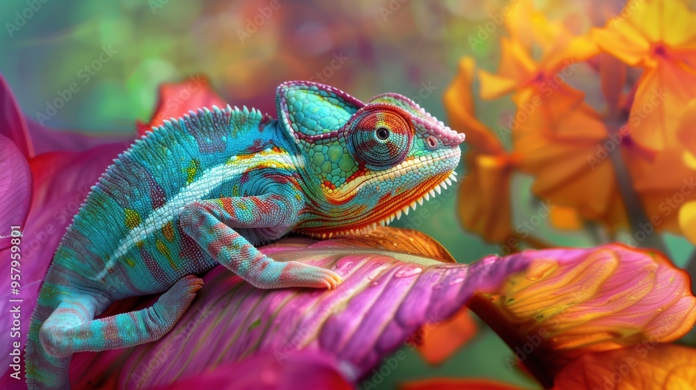 Vibrant Chameleon Perched on Colorful Tropical Leaves in Natural Habitat Vibrant Chameleon Perched on Colorful Tropical Leaves in Natural Habitat